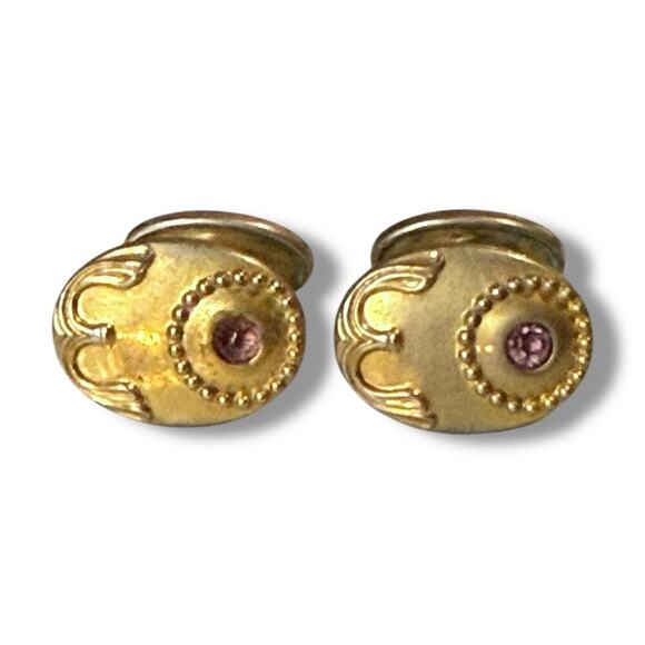 Antique Victorian Cufflinks Mens Gold Tone Filigree Pink Glass Rhinestone Signed - Picture 2 of 6